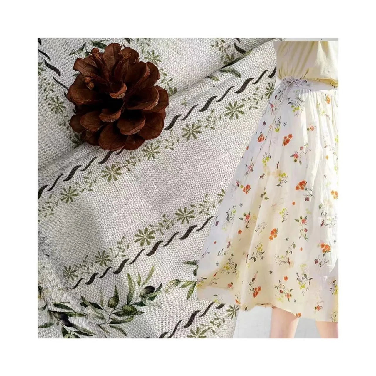 Factory Wholesale 100% Linen Digital Floristic Printing  Woven Fabric Strip White Sheer Sustainable for Girls Shirts Dresses