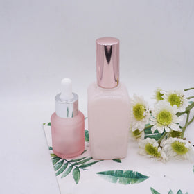 Luxury pink 30ml square 2oz Glass Dropper Bottles with Rose Gold Top
