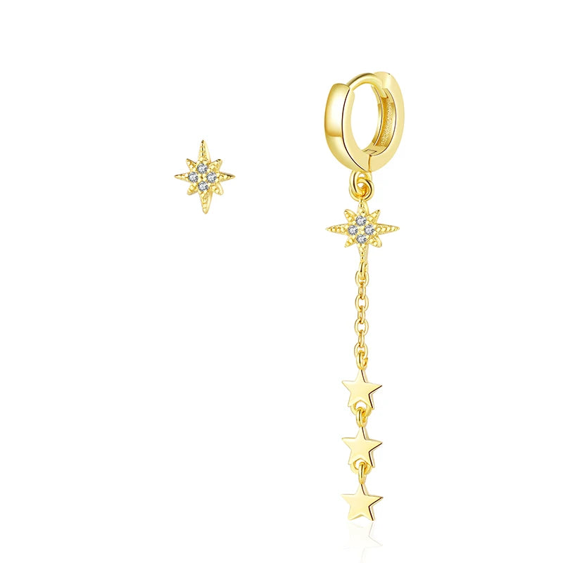 925 Silver Plated 24K Gold Hoop Earrings Korean Fashion Asymmetric Design Star Earrings