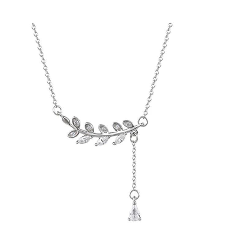 Long Beautiful CZ S925 Sterling Silver Leaf Dangle Necklace for Women