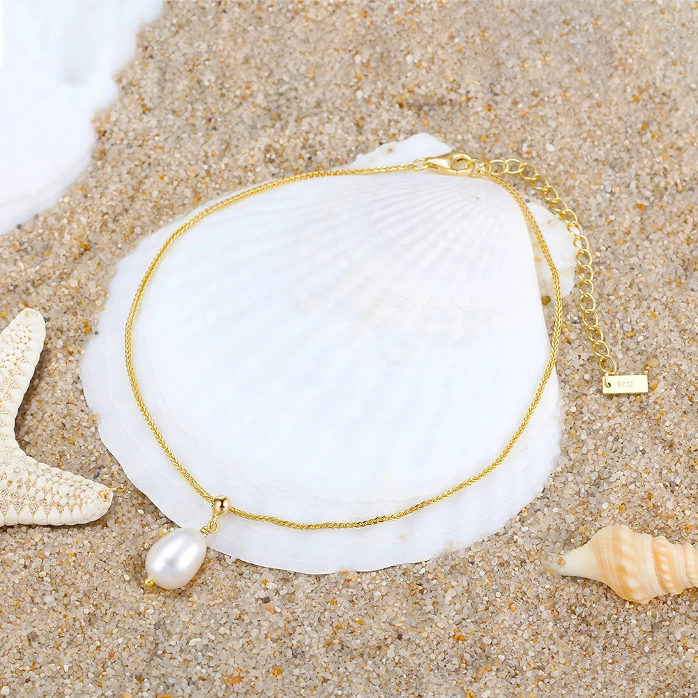 RINNTIN SA55 Women's Fashion Ankle Bracelet with Dainty Chopin Chain 14K Gold & Silver Plated Pearl Pendant for Beach Foot Chain