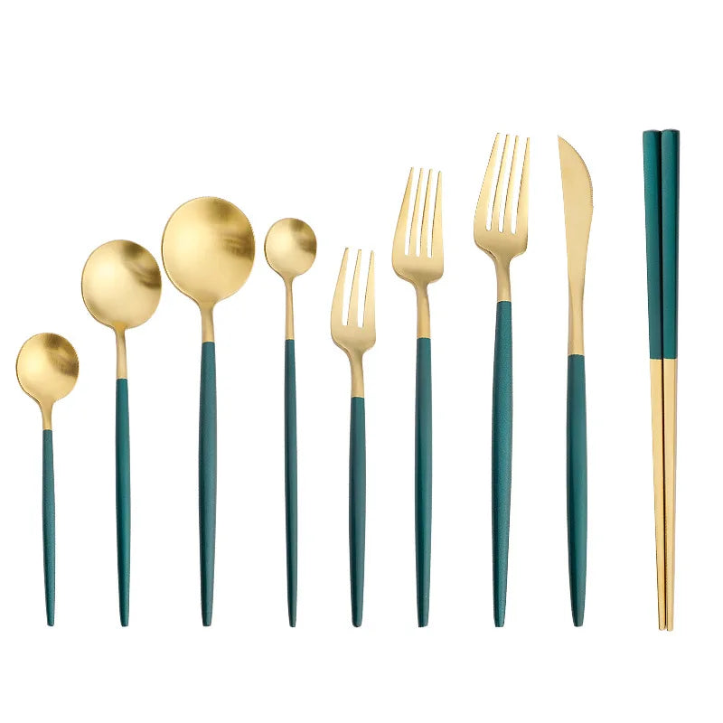 Portuguese Atrovirens Matte Gold Korean Chopsticks and Spoon Set Tea Spoon Silverware Set