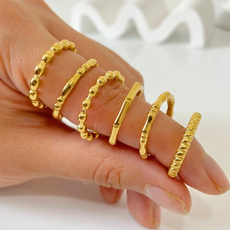 Tarnish Beaded Marquise Sphere Beads Stackable Rings Gold Stainless Steel Free Simple for Women Jewelry Gift Metal Zircon CN;ZHE