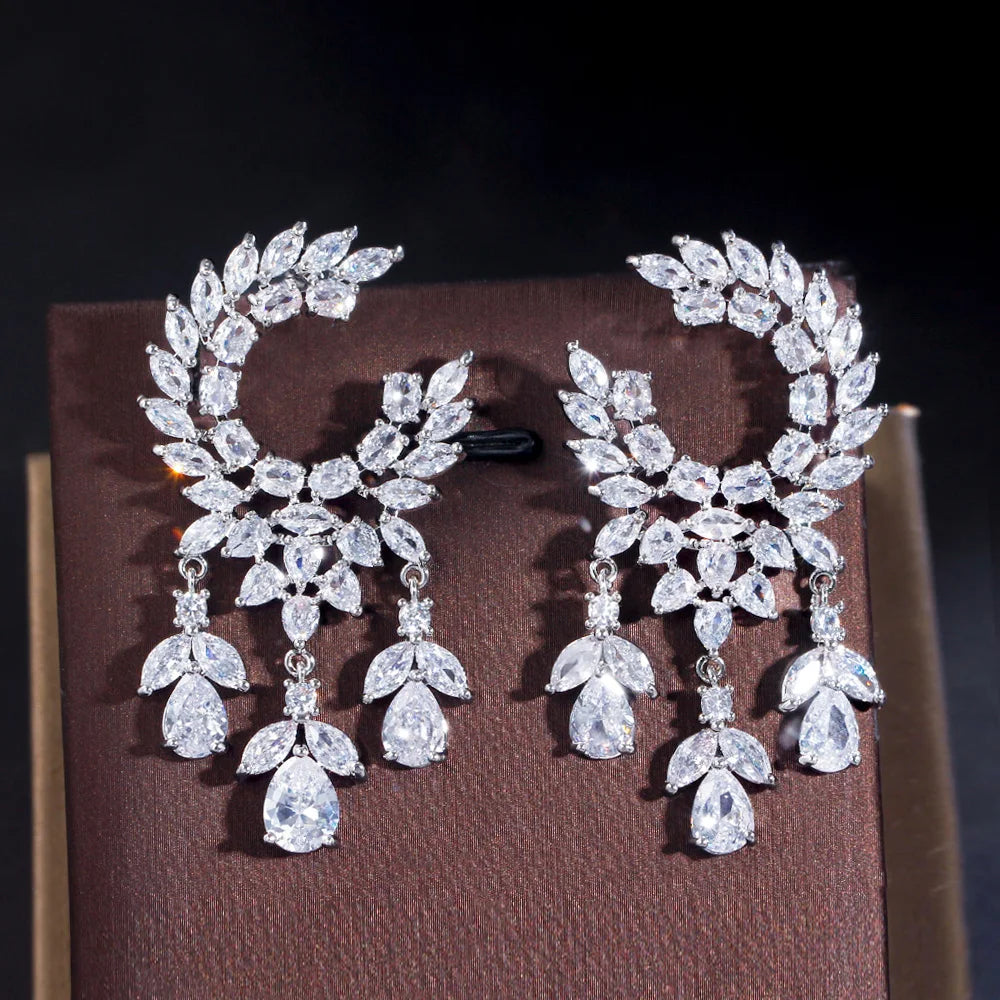 Glitter Cubic Zirconia Leaf Shape Tassel Bridal Luxury Long Big Dangle Drop Earrings for Women Wedding Engagement Dress Jewelry