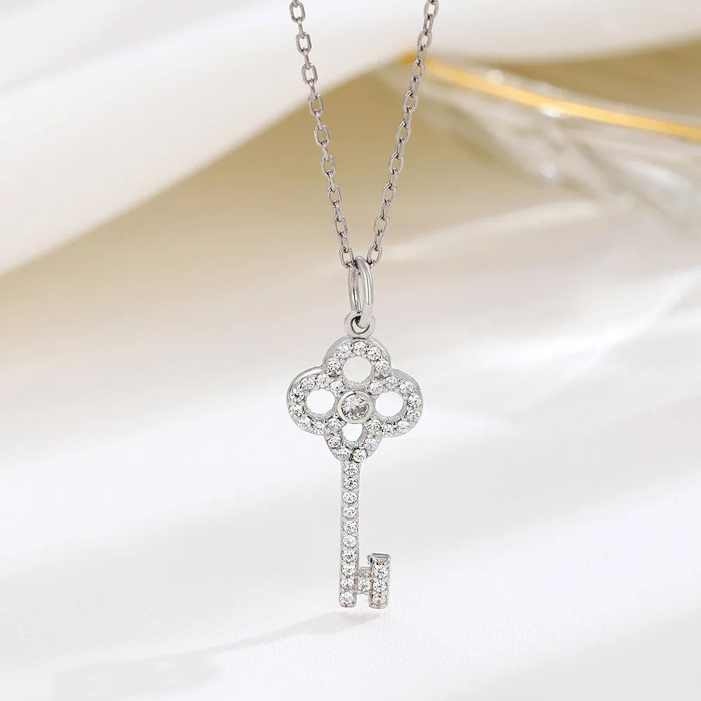 Fine Jewelry 925 Sterling Silver Diamond Key Pendant Simple CZ Diamond Key Pendant Necklace