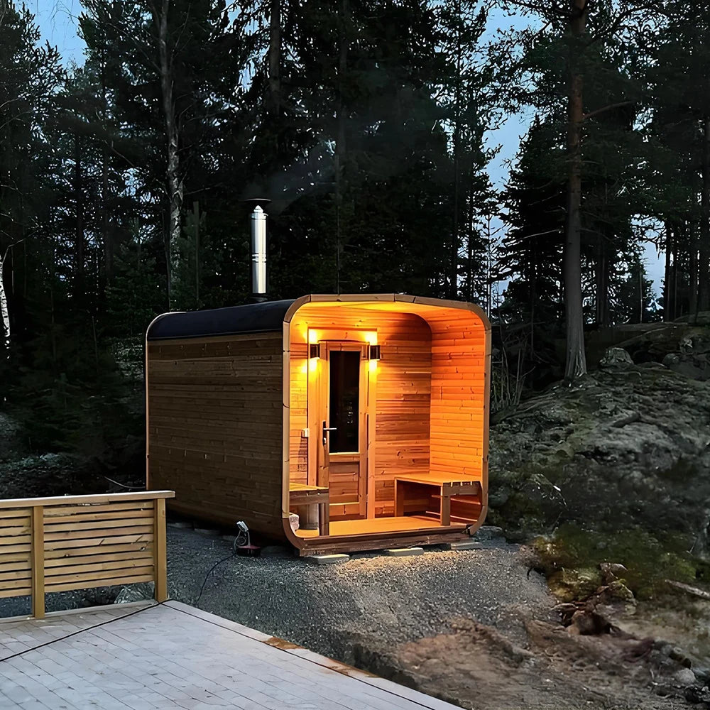 Modern Design Canadian Red Cedar Outdoor Cube Sauna Room Electric Heating Wet Steam Function for Villas Front Porch
