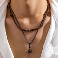 2 Pieces Vintage Leather Wax Rope Tiger Eye Stone Necklaces Set for Men Natural Wooden Beads Chokers Accessories Fashion Jewelry