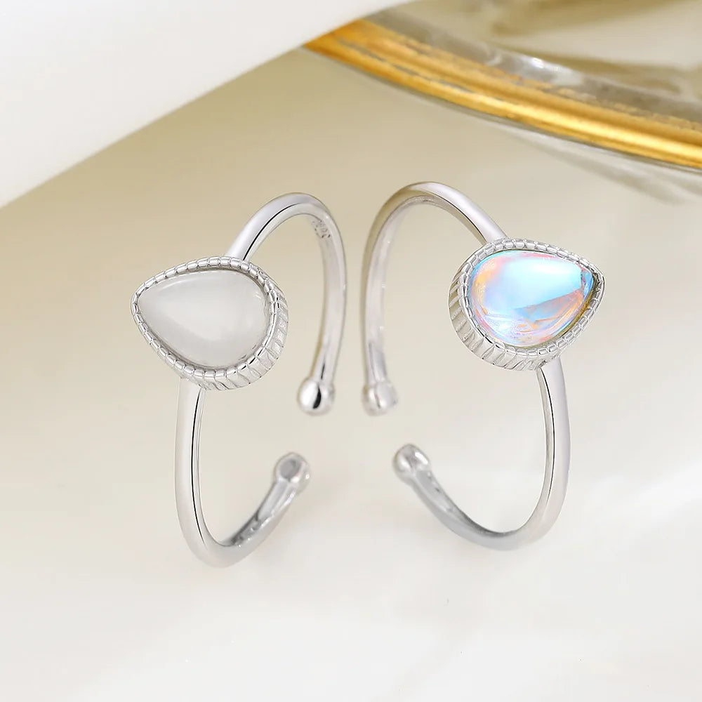 Dainty 925 Sterling Silver Water Drop Shaped Natural Moonstone Open Adjustable Ring for Women