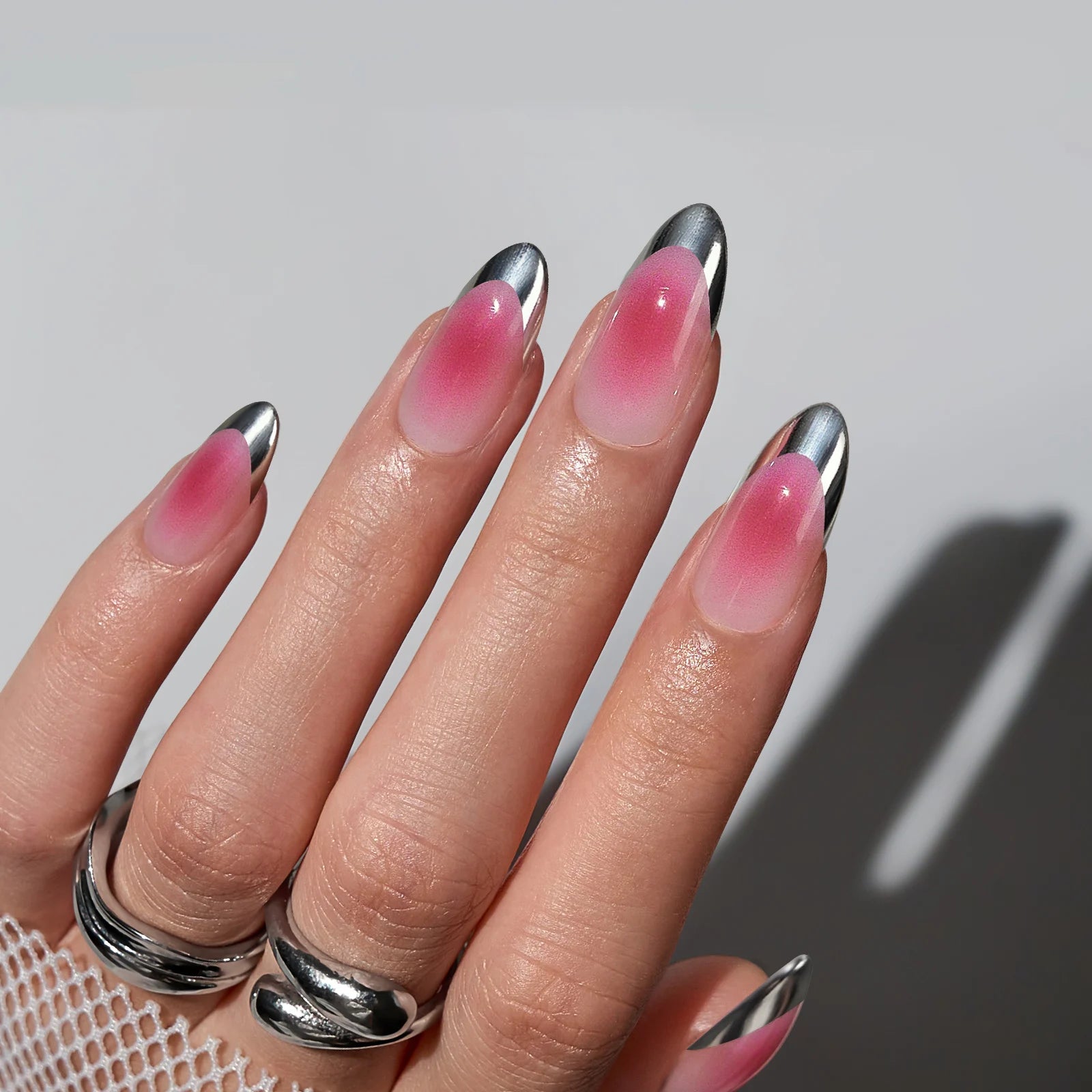 BTARTBOX Medium Almond Reusable Stick on False Fake Nails Supplies Wholesale Pink Ombre French Tip Soft Gel Press on Nails