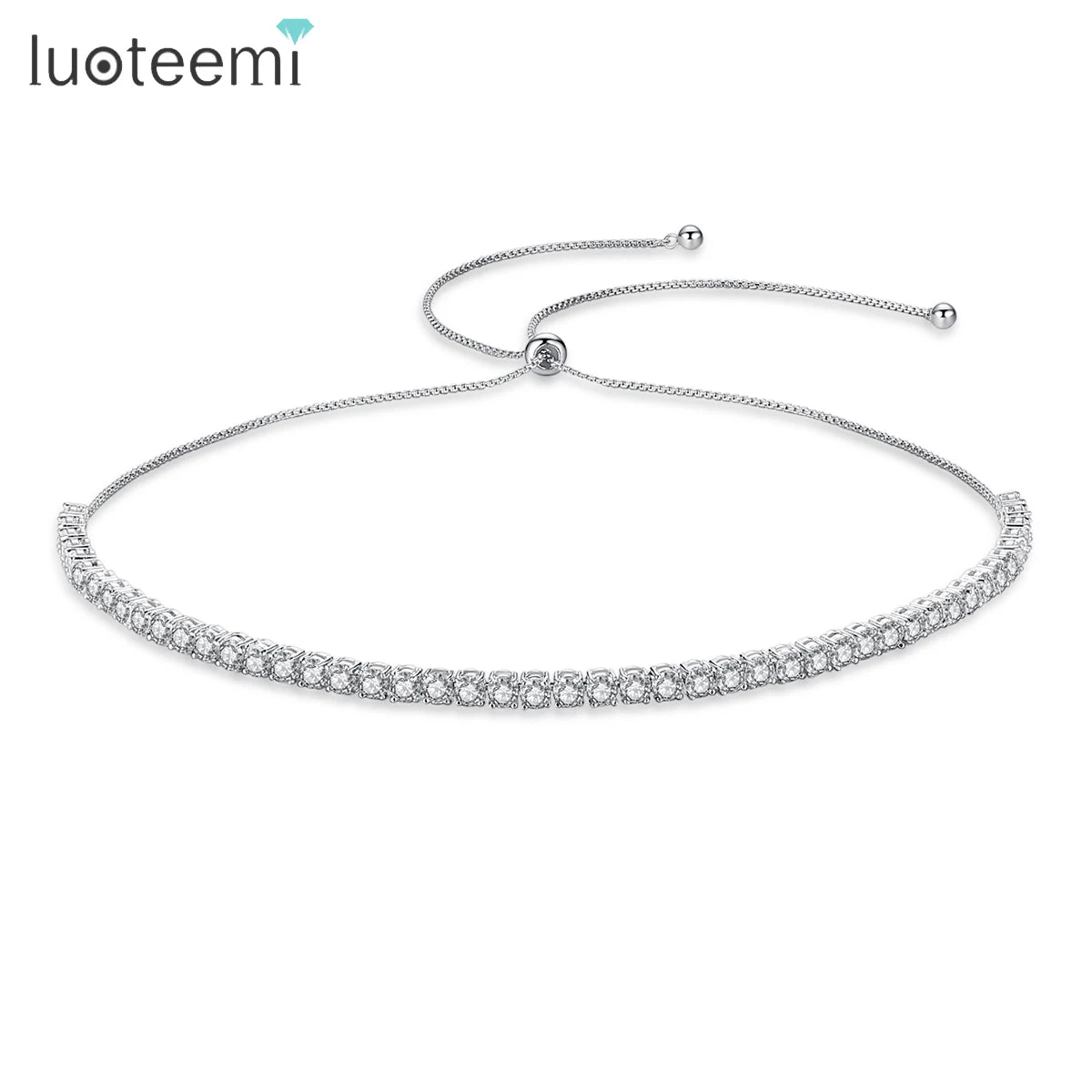 LUOTEEMI Silver Tone Bridal Wedding Prom Bridesmaid Jewelry 5mm Round Cubic Zirconia Tennis Collar Choker Necklace for Women