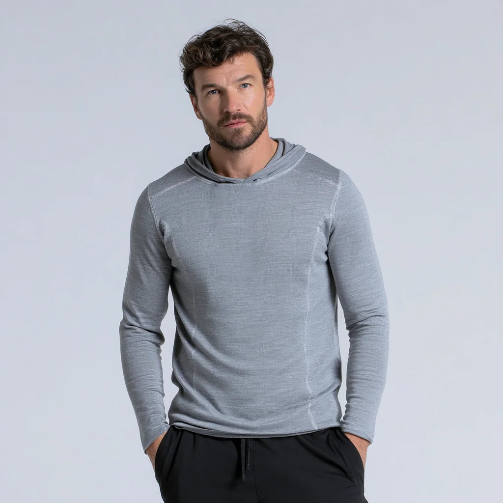 Men's Luxury Vintage 100% Merino Wool Hoodie Heather Grey Embroidered Knitted Pullover Sweater Jumper Loose for Spring Casual