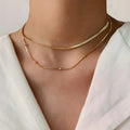 Trendy 14K Gold Plated Double Layer Necklace Jewelry Stainless Steel Beaded Round Snake Flat Chain Layered Necklaces YF3362