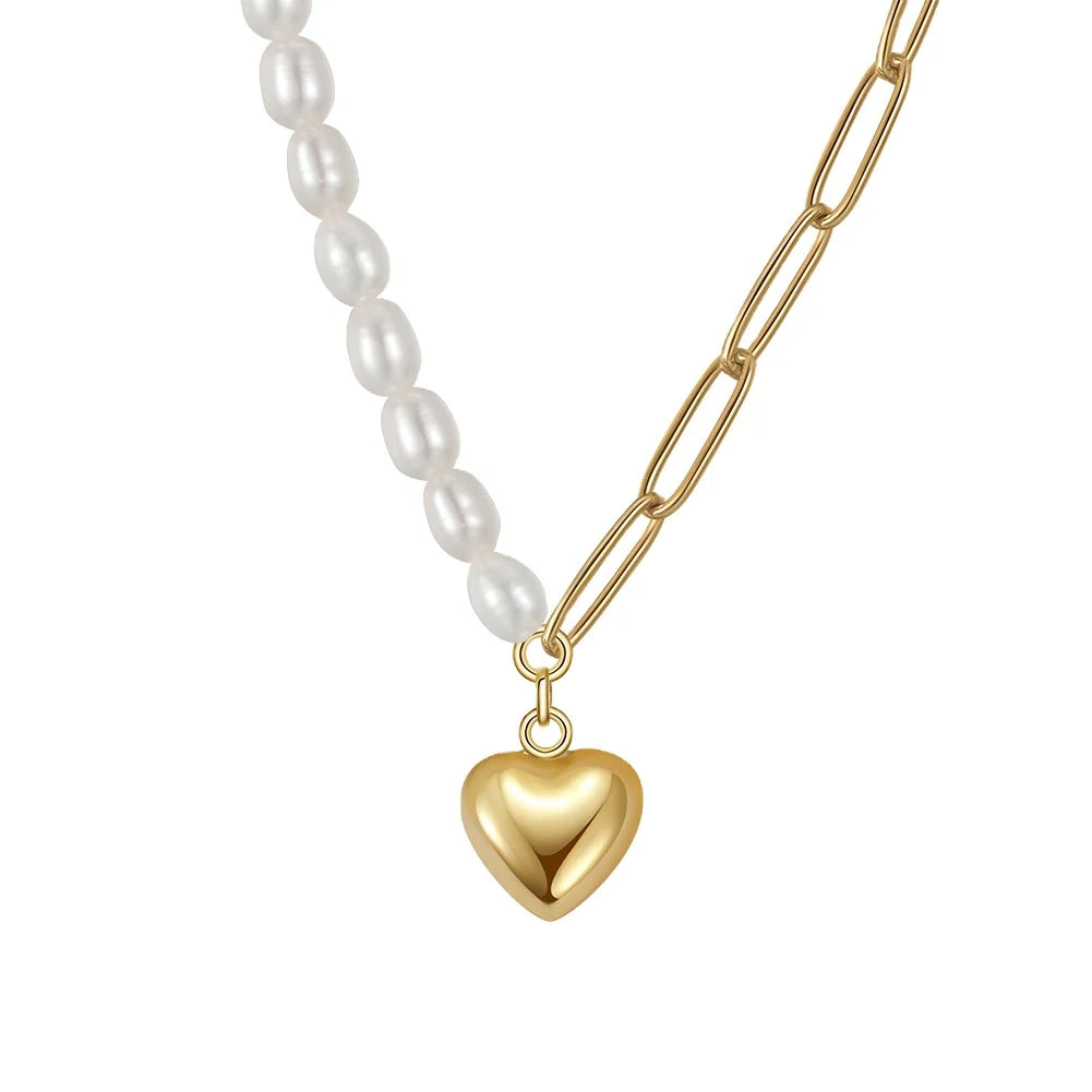Half Cultured Freshwater Pearl Half Paper Clip Chain Necklace 925 Silver Fine Custom Jewelry Heart Pendant Necklaces for Wome
