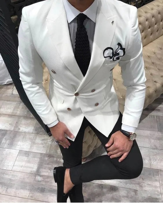 Newest White Groom Tuxedos Peaked Lapel Double Breasted Wedding Men Suits Best Man Blazer (Jacket+Pants) Custom Made
