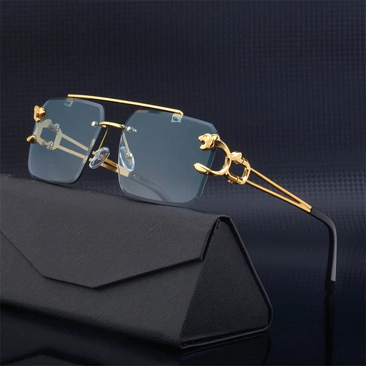 2023 Cheap Fashion Custom Logo Vintage Leopard Head Double Bridge Stylish Rimless Sunglasses UV400 Protection Women Sun Glasses