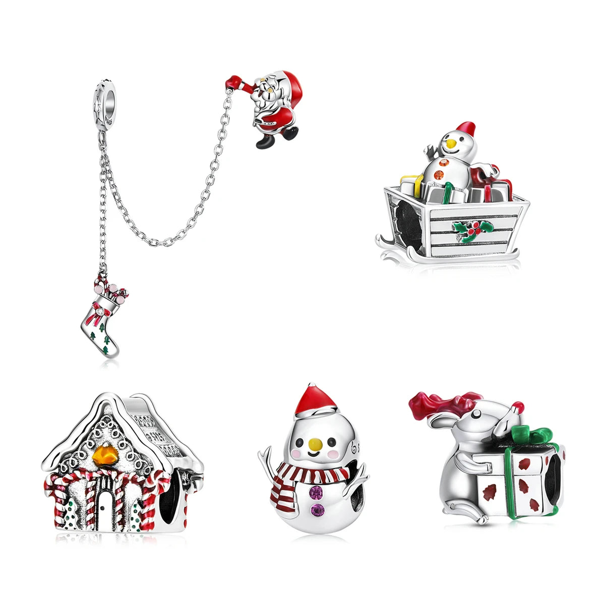 925 Sterling Silver Christmas Charms - Snowman & Moose Pendants for DIY Jewelry Making Festive Gift Set