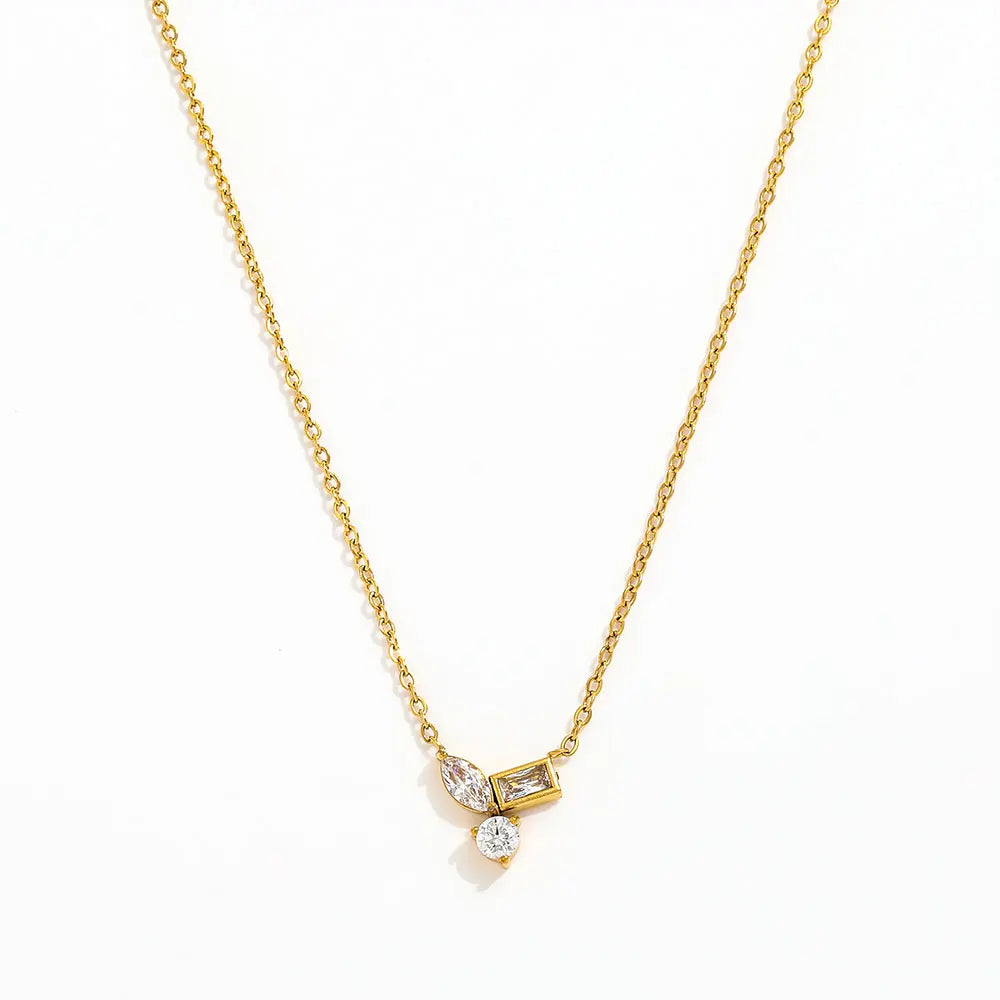 Joolim 18K Gold Plated Non Tarnish Cubic Oval Rectangle Round Double Zirconia Joint Pendant Stainless Steel Necklace