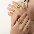 Geometric Inlaid Diamond Zircon Stainless Steel Retro 18K PVD Plated Striped Open Adjustable Ring for Girls Party