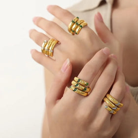 Geometric Inlaid Diamond Zircon Stainless Steel Retro 18K PVD Plated Striped Open Adjustable Ring for Girls Party
