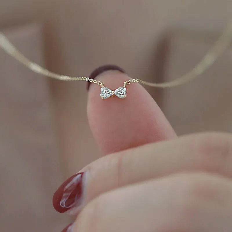 Fashion Minimalist Jewelry 925 Sterling Silver Simple Bow Knot Zircon Gold Plated Necklaces for Women