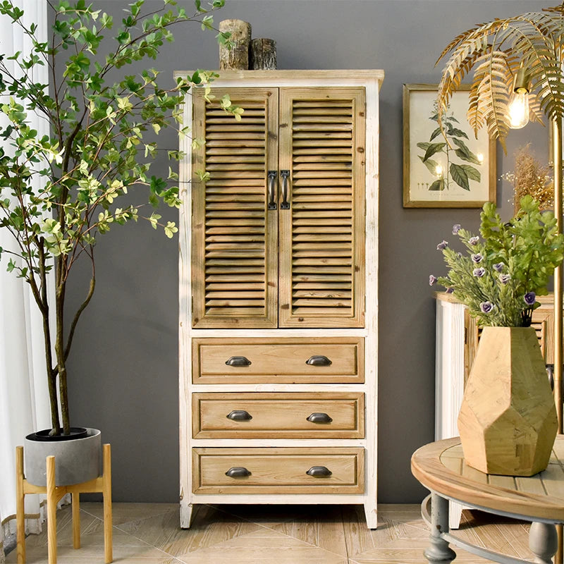 INNOVA Antique Country Style Farmhouse Shutter Door Design Rustic Dining Room Kitchen Solid Wood Cabinet with 3 Drawers