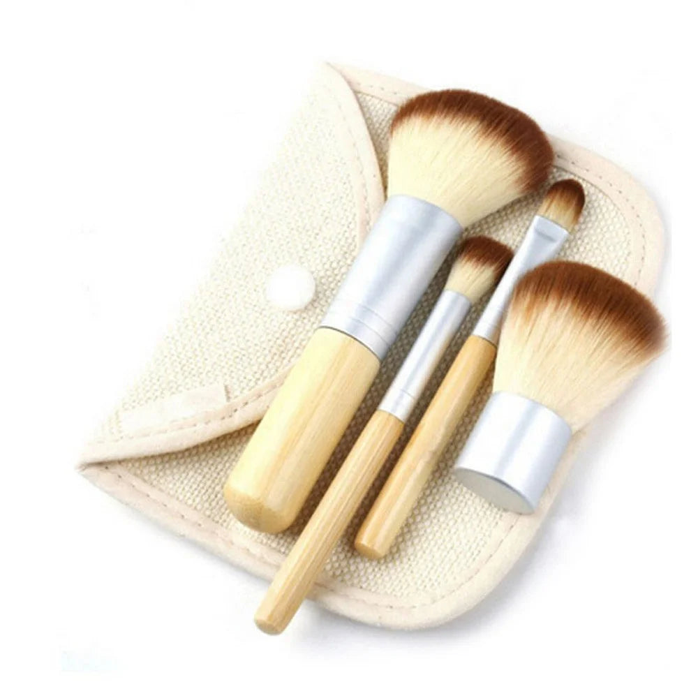 Factory Price 4pcs/Bag Makeup Eyeshadow Flush Foundation Brushes Linen Pouch Bamboo Handle Travel Cosmetic Make up Brushes