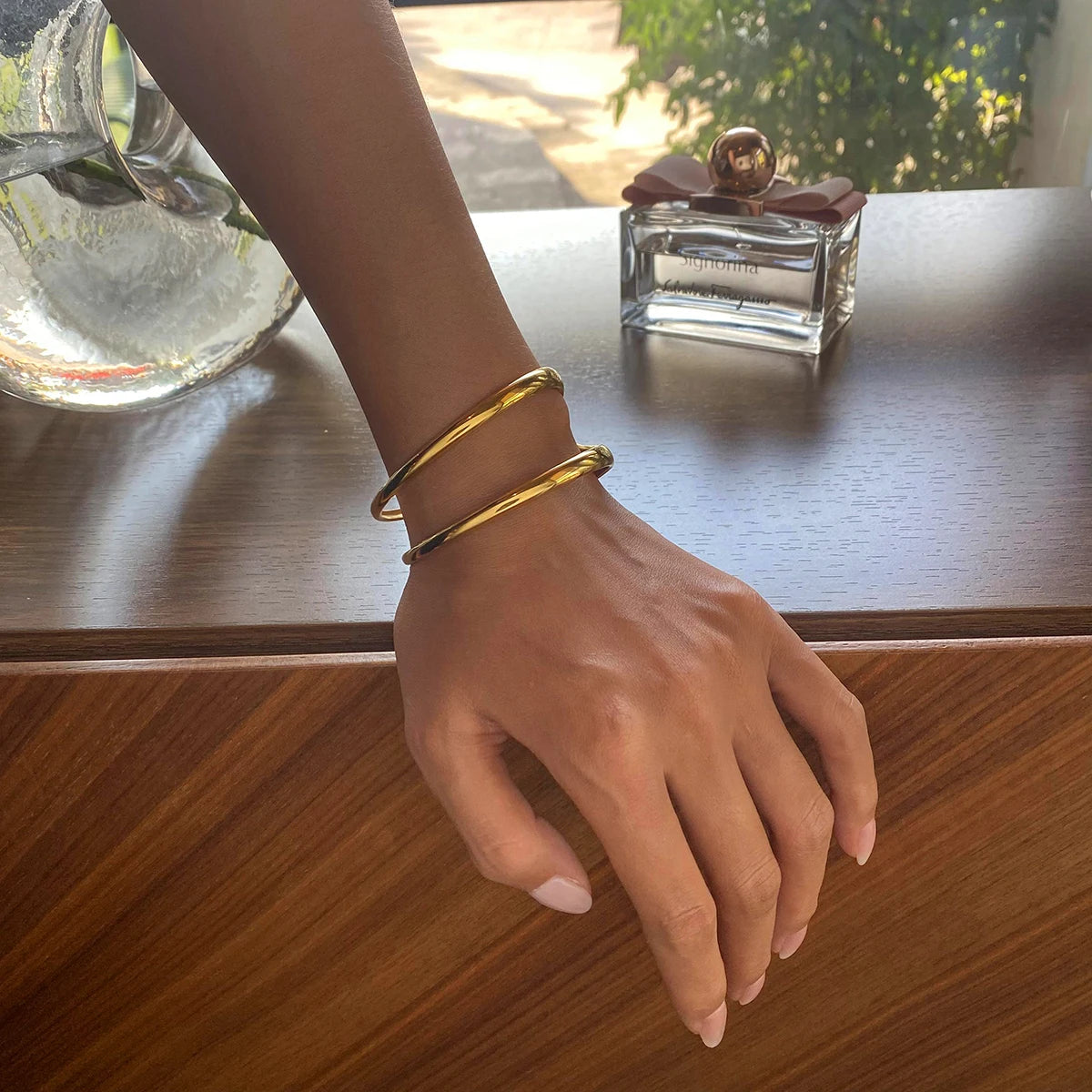 J&D Simple Design Stainless Steel Bracelet 18K Gold Double-layer Hollow Cuff Bangles for Women