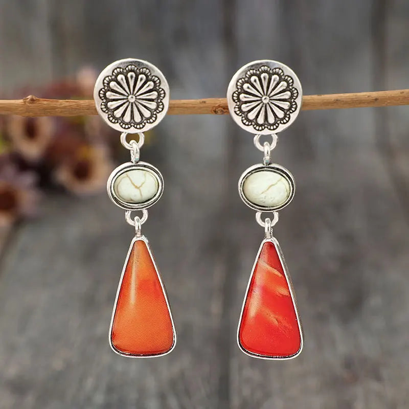 Vintage Turquoise Tassel Earrings Western Boho Style Carved Resin Turquoise Drop Earrings for Women Gift