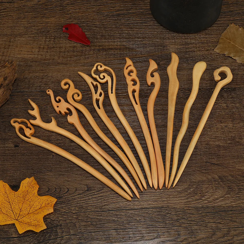 Vintage Ancient Chinese Style Simple Wooden Hair Hairpins Clips Hair Sticks for Women Girls