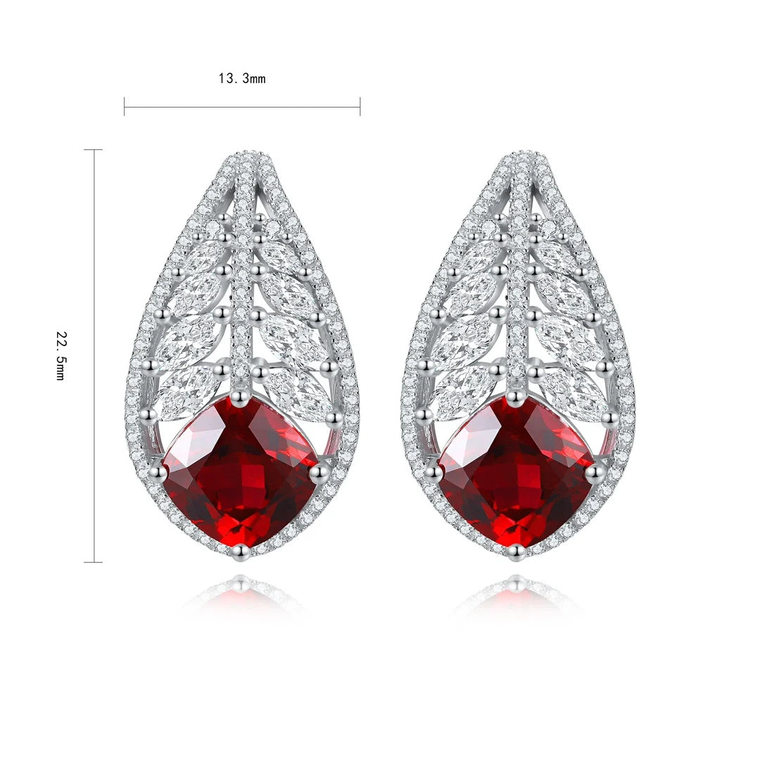 Vintage Light Luxury Lab Created Gemstone Jewelry French Leaf Design S925 Silver Lab Grown Ruby Stud Earrings Claw Setting