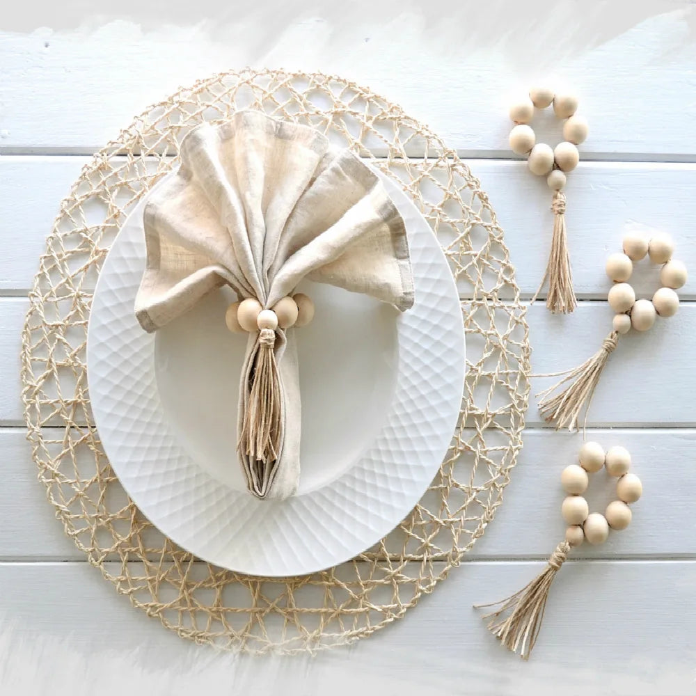 4 PCS Farmhouse Beads Handmade Wooden Napkin Rings-Modern Style Wedding Stocked 16cm