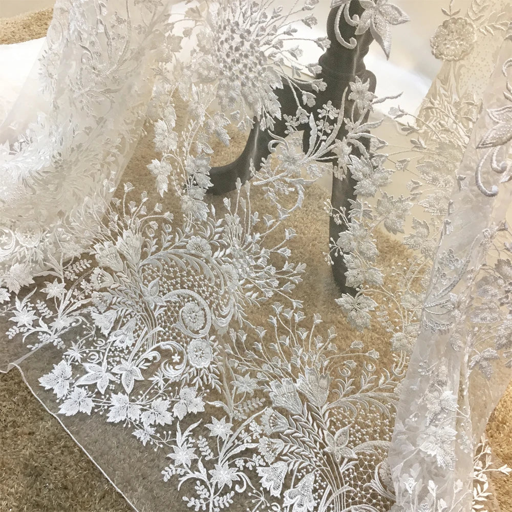 Wholesale Price Hand Work Embroidery French Tulle Lace Custom White Beaded Lace Fabric for Wedding Evening Dress