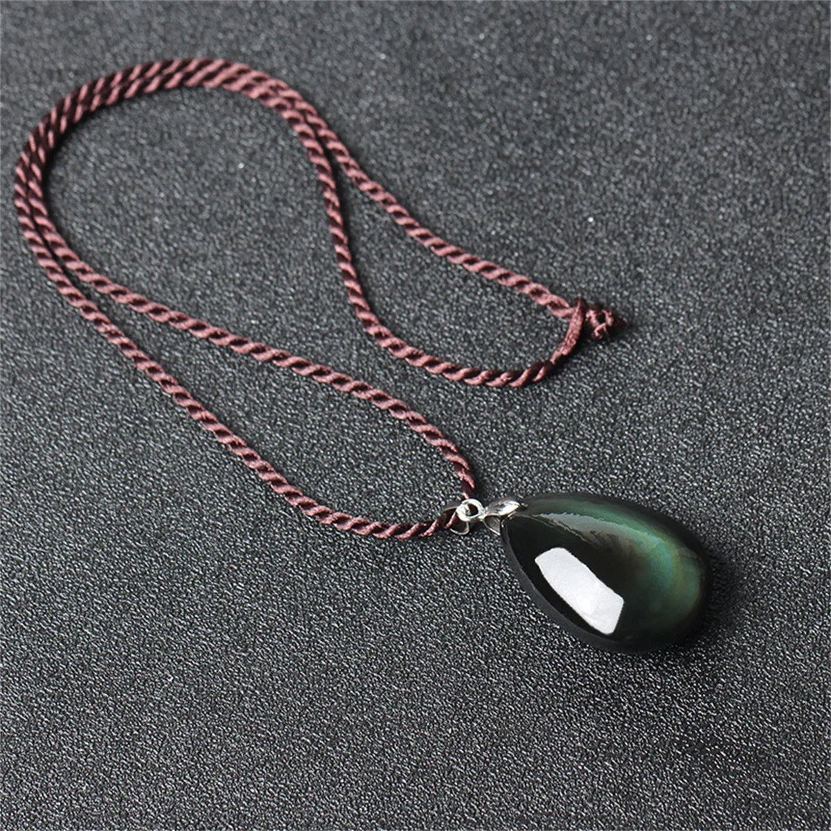 Natural Rainbow Black Obsidian Hand-Carved Waterdrop Pendant Necklace Women Men Jewelry Gift