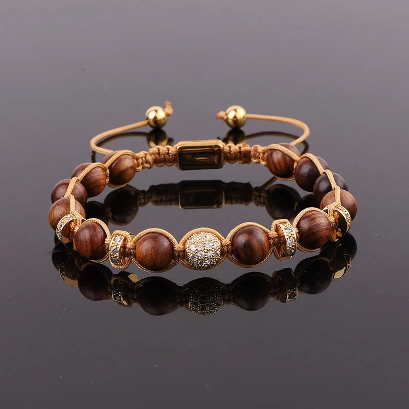 New Design Wooden Beads Bracelet CZ Pave Charm Cord Braided Custom Macrame Bracelet Women Men