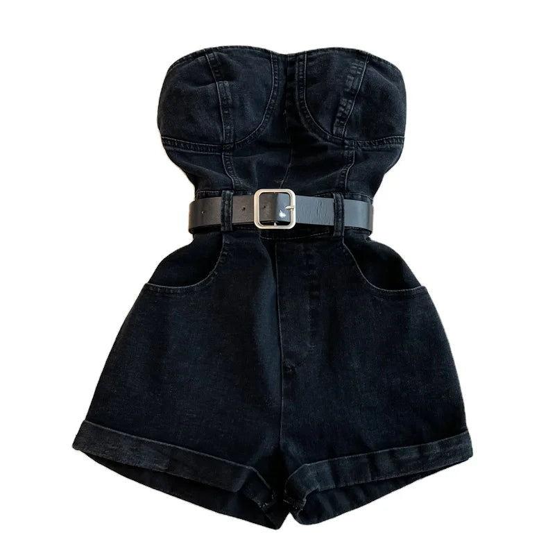 2024 Fashion Small Tube Top Denim Jumpsuit Women's Summer Hong Kong Style Retro Fashion Wide Leg Overalls Jumpsuit