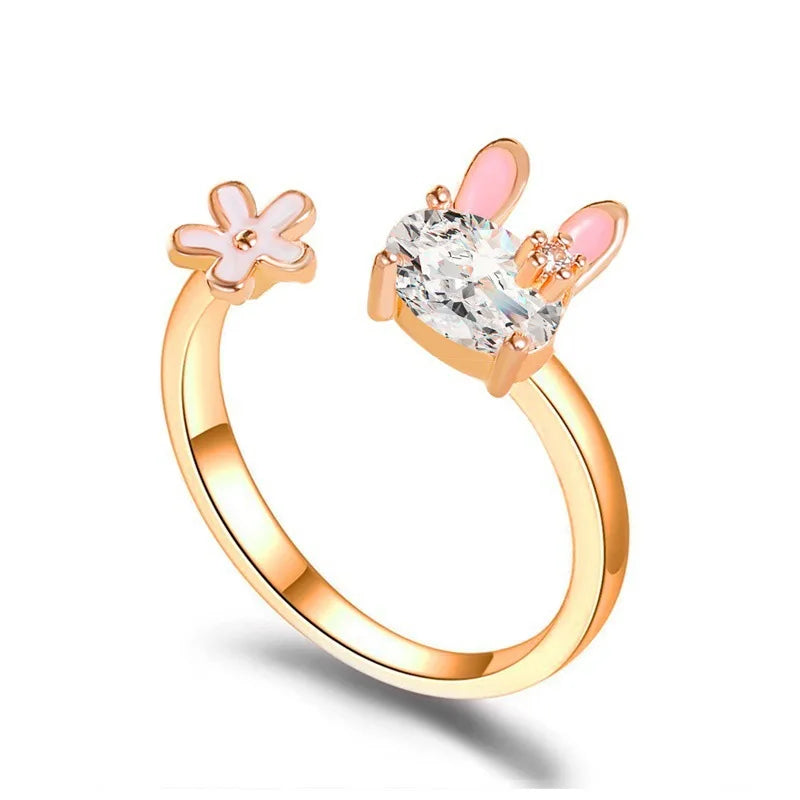2022 Fashion Birthday Day Gift Kawaii Flowers Rabbit Ring High Polish Adjustable Easter Rings for Women Girls