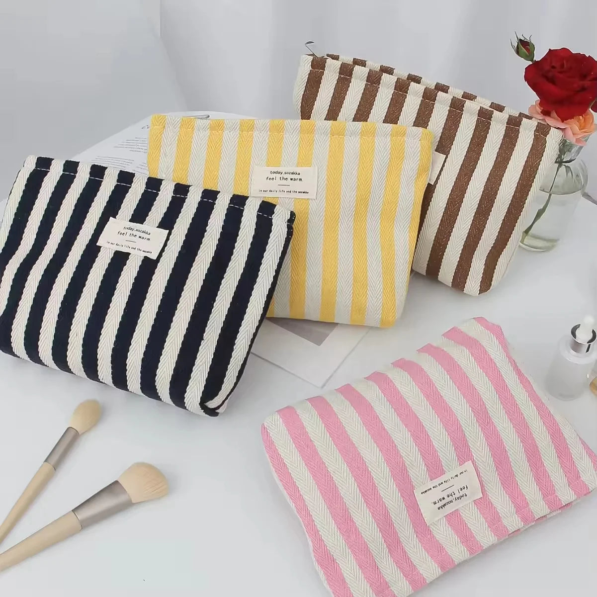 Custom Portable Travel Makeup Bag Stripes Large Toiletry Wash Pouch Cotton Canvas Cosmetic Bag
