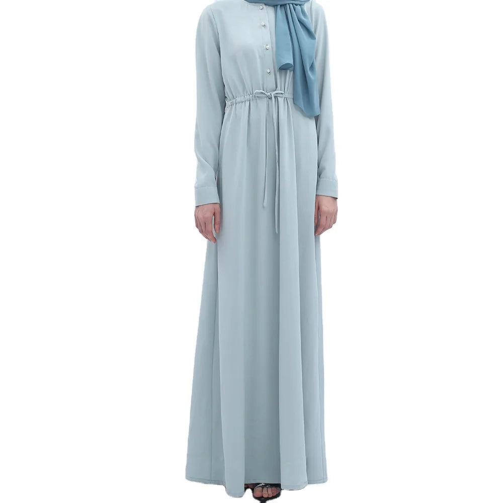 Pure Green Color Front Zipper Closure Drawstring Belt Long Style Support Dropshiping Muslim Abaya Dress