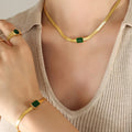 18K Gold Multicolor Square Cubic Zircon Necklace No Fade Stainless Steel Flat Snake Chain Diamond  Necklace