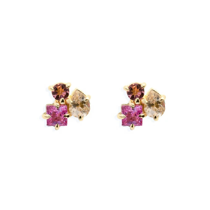 Milskye Mini Delicate S925 Gold Plated square pink Gemstone Teardrop Zirconia Stud Earrings
