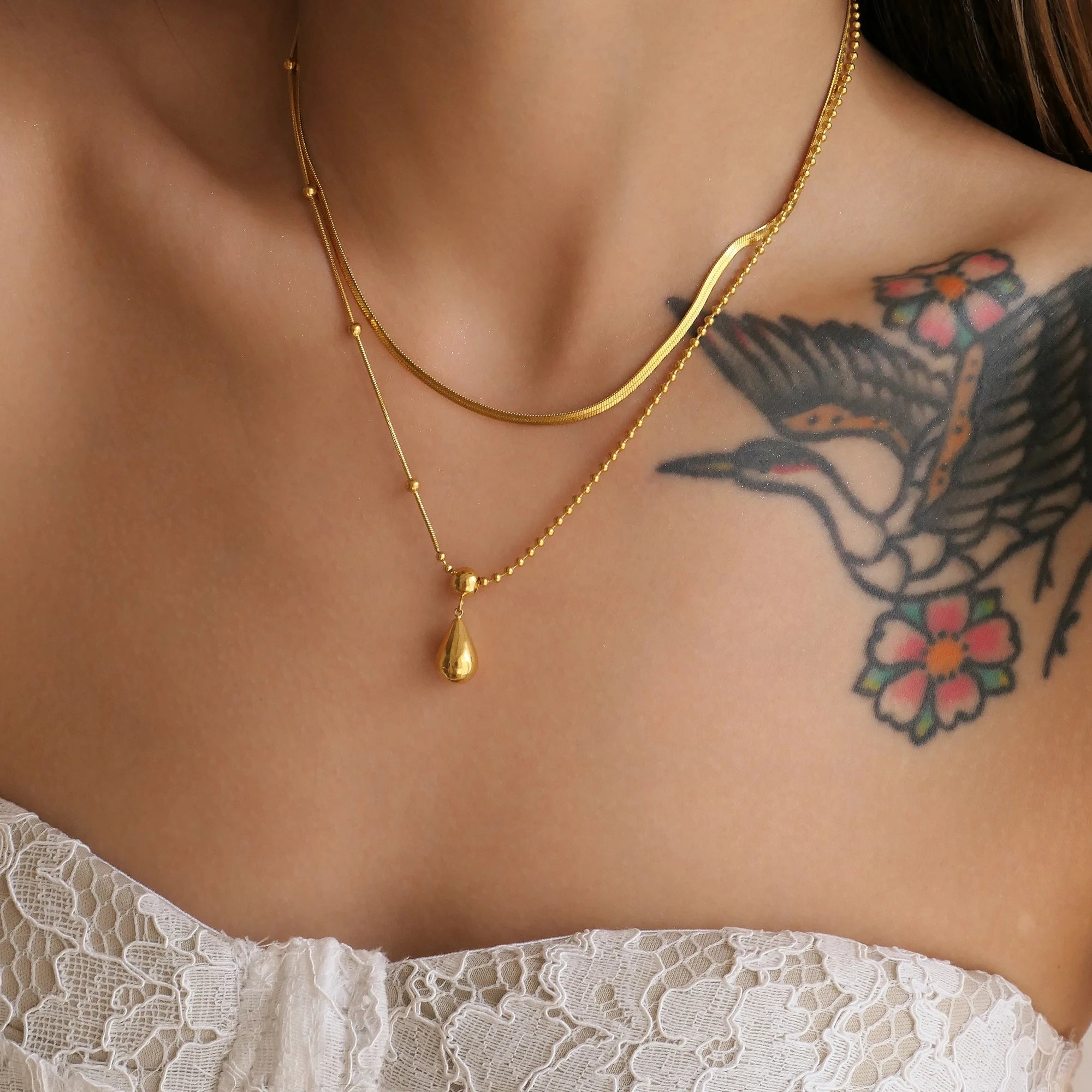 NEW TEARDROP DOUBLE LAYER GOURD PENDANT BLADE CHAIN NECKLACE Dazan 18k Gold Plated Tarnish Free Stainless Steel Women JEWELRY