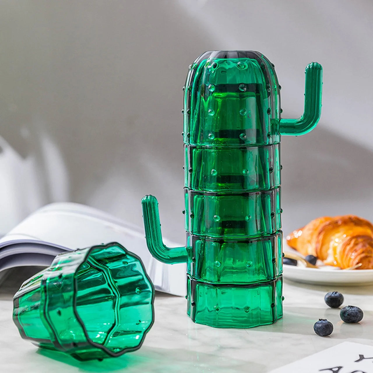 6Pcs/Set Stackable Cactus Shape Glass Drinking Water Cup Set Fruit Juice Milk Coffee Mugs Heat-resistant Cold Drink Cups Gift