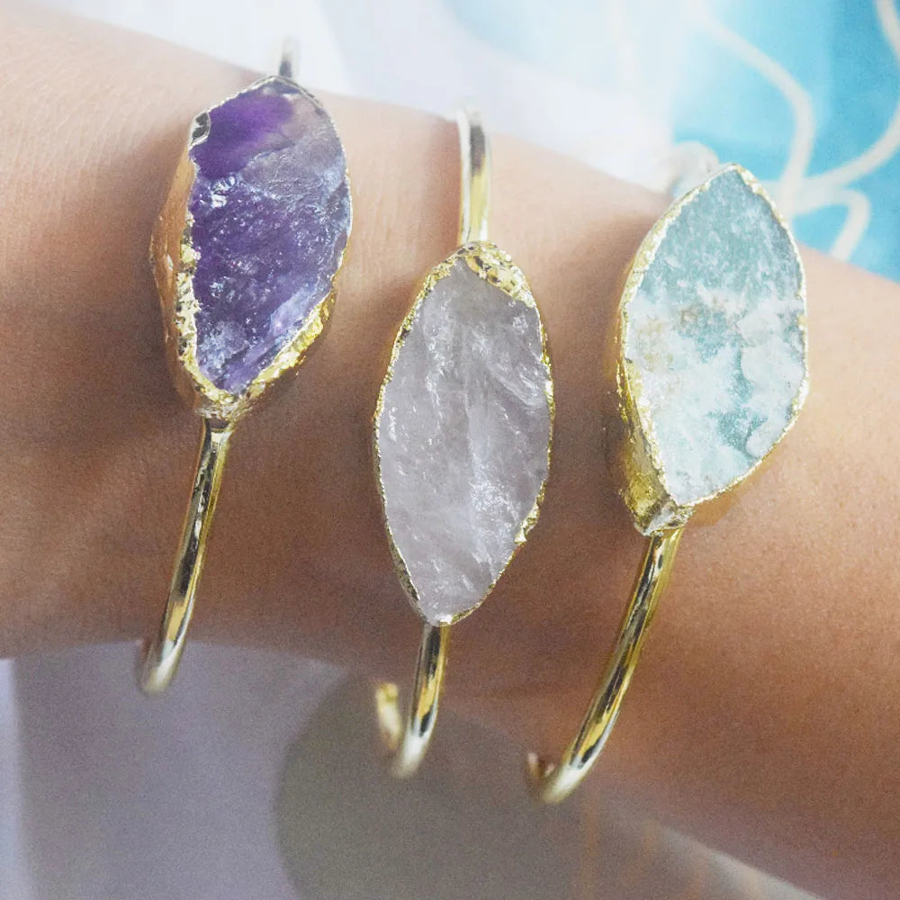 Brass Alloy Hand Natural Quartz Druzy Charm Open Cuff Bangle Bracelet Jewelry Women