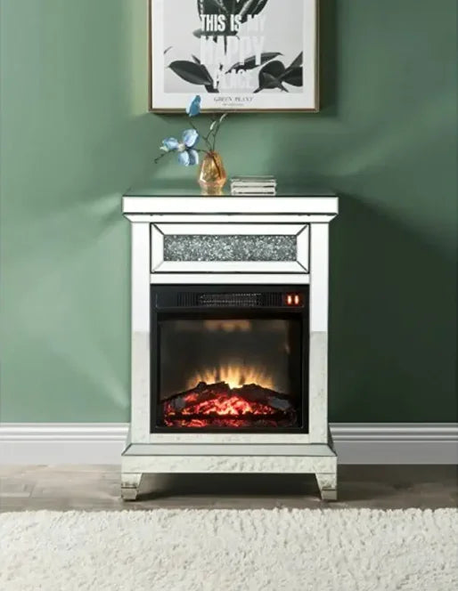 Contemporary Freestanding Fireplace One Drawer Mini Silver Mirrored Faux Diamonds Living Room Bedroom Mini Silver Living Room
