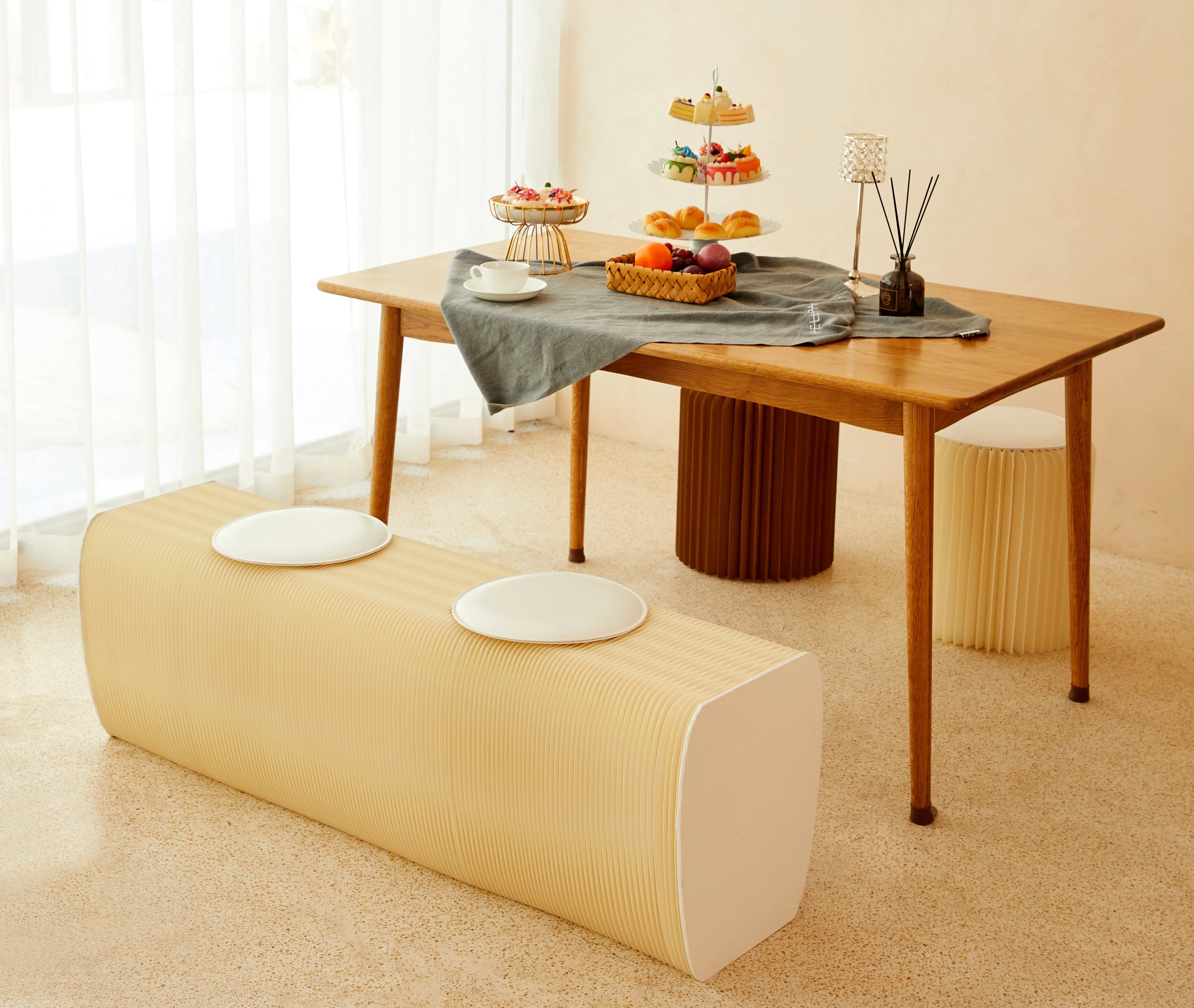 Paper Furniture Paper Retractable Bench Family Chair Save Space with mat Customized ODM