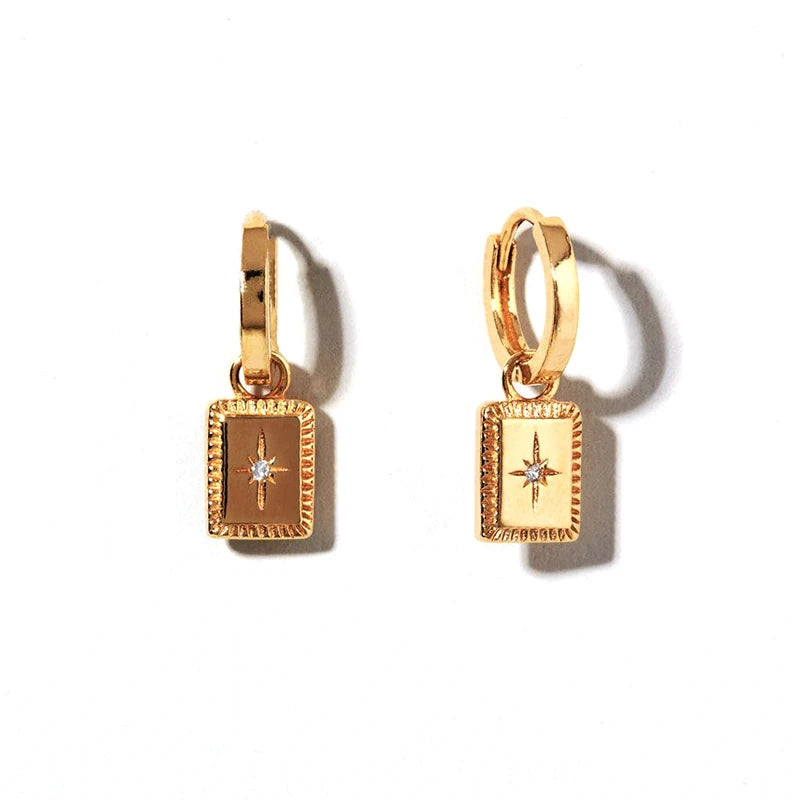 Milskye Gold Earrings Minimalist 18K Gold Plated Huggie Chunky Rectangular CZ Starburst Pendant Earrings