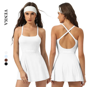 Women U Neckline Sling Built-in Breast Pad Sleeveless Shorts Skirts One Piece Bodysuit With Pockets Ladies Fitness Yoga Jumpsuit