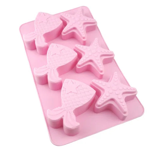 HY 6-Cavity Mermaid Tail Starfish Silicone Mold for Making Cake Bath Bomb Chocolate Soap Candle Molds