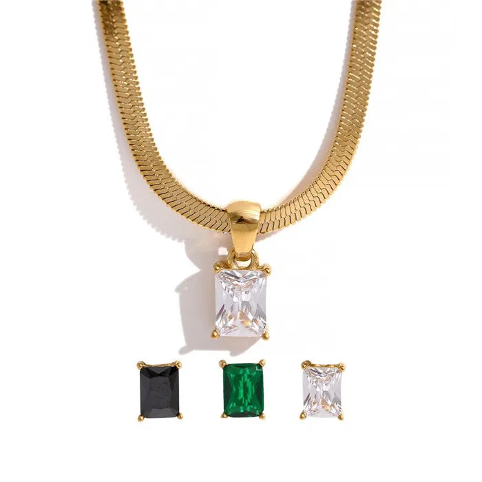 Trendy 18K Gold-Plated Stainless Steel Herringbone Emerald Pendant Necklace for Gift Engagement Party or Anniversary