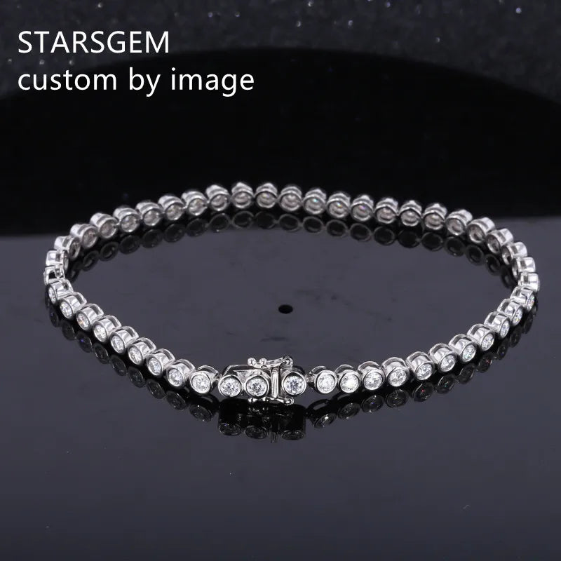 Starsgem Fine Jewelry 14K Solid White Gold Bezel Setting Lab Grown Diamond Chain Link Tennis Bracelet